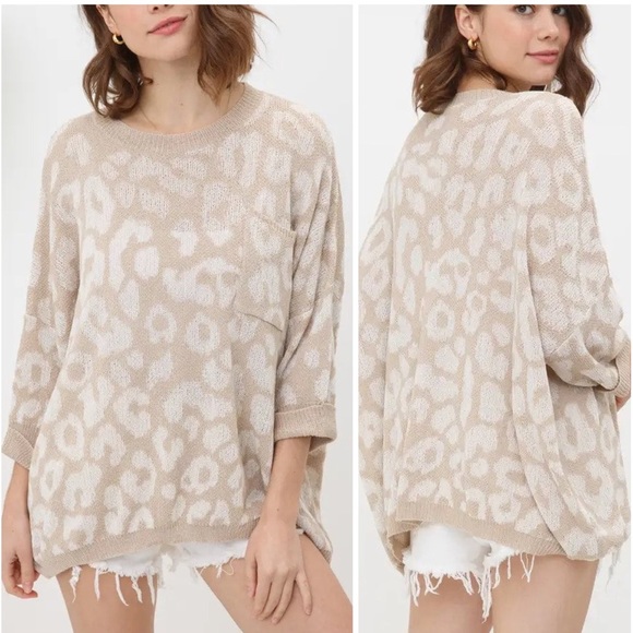 Sweaters - Boho Leopard Animal Print Oversized Slouchy Neutral Sweater